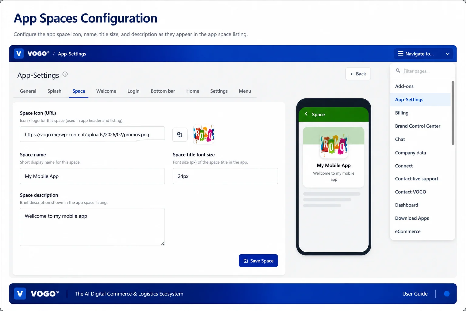 App spaces — configurare dashboard UI